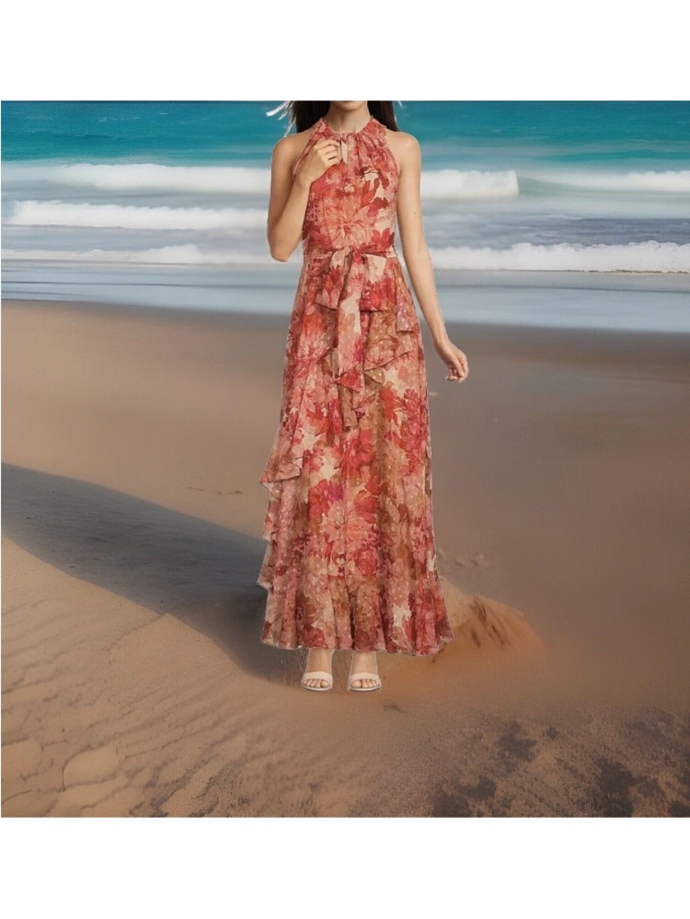 Alex Marie Dress helen Foiled Floral Print coral Ruffled waist tied Sz 2